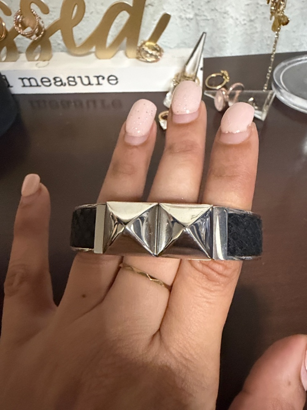 Michael Kors Black Leather Bracelet with Silver Pyramid Studs